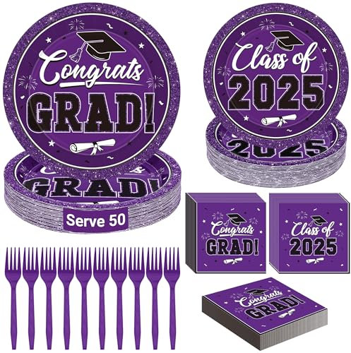 50 SET Graduation Decorations Class of 2025, Purple Graduation Plates and Napkins 2025, Disposable Purple Paper Plates Graduation Party Plates and Grad Napkins, 2025 Graduation Party Supplies