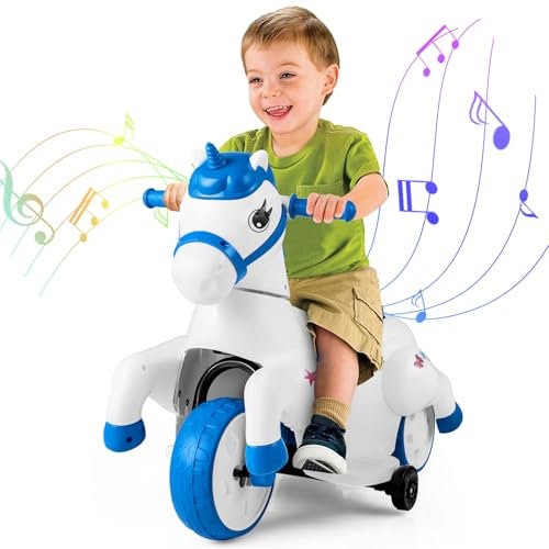 GOPLUS 12V Einhorn Rutschauto, Kinderfahrzeug mit Schaukelfunktion, Kinderauto mit 3 Räder & Stützräder, Elektromotorrad mit Musik & Batterieanzeige, Schaukelpferd für Kinder ab 3 Jahren (Blau)
