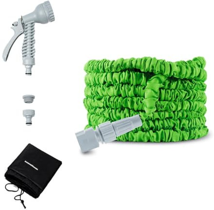 InnovaGoods® Manguera jardin extensible 15m con pistola de 7 chorros, manguera extensible con bolsa de Transporte, adaptadores 1/2 y 3/4, resistente y duradera, Ideal para riego jardín y limpieza