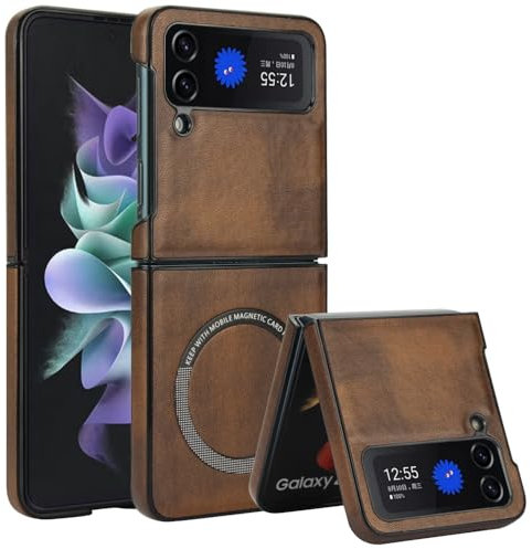 XKchatpt Magnetic for Samsung Galaxy Z Flip 3 Case Compatible with MagSafe,PU Leather Shockproof Slim Hard Case for Samsung Galaxy Z Flip 3 (Brown)