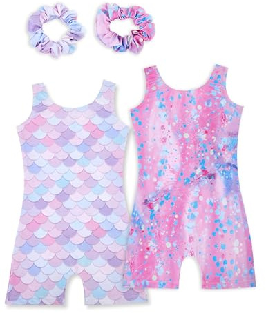 Tstiti Gymnastics Leotards for Girls 2 Pack Sparkly Kids Biketards Dance Unitards Matching Hair Scrunchies Mermaid Spots 9-10 Years