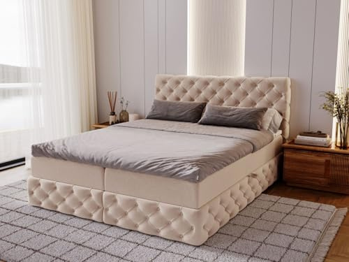 GRAINGOLD Canolo Bett 160x200, Boxspringbett mit Bettkasten, Polsterbett mit Bonell-Matratze, Samt Stoff, mit Topper, mit Kopfteil (Beige, 160x200)