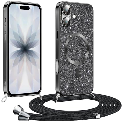 Phoona Handyband Hülle für iPhone 17 mit Band, Glitzer Handyhülle Kompatibel mit MagSafe, Ganzkörperschutz Kratzfeste Stossfest Schutzhülle mit Einstellbar Kette, Schwarz