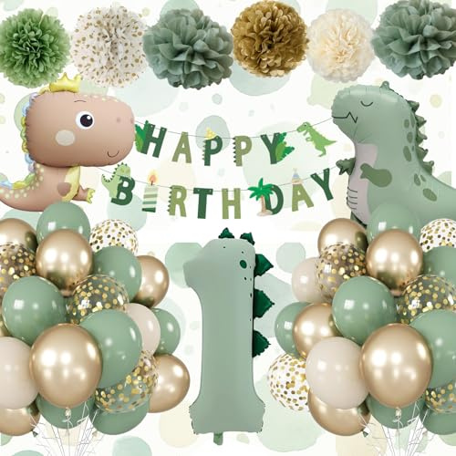 Deko 1. Geburtstag Junge Mädchen, Dino Geburtstagsdeko 1 Jahr Grüne | Luftballon 1. Geburtstag und Dino Kindergeburtstag Deko für 1 Geburtstag Dekoration Junge Mädchen