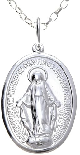Alexander Castle Groß Solide 925 Sterling Silber Wundertätige Medaille Katholische Halskette - 32mm x 18mm Wundertätige Medaille mit 20 925 Sterling Silber Kette & Schmuck Geschenk-Box