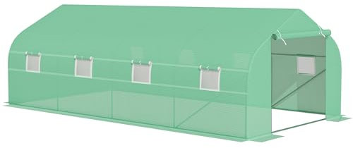 Outsunny Invernadero de Jardín 600x300x200 cm Tipo Túnel para Cultivo Plantas Verduras con 8 Ventanas Transpirables y Puerta Enrollable con Cremallera Acero Verde