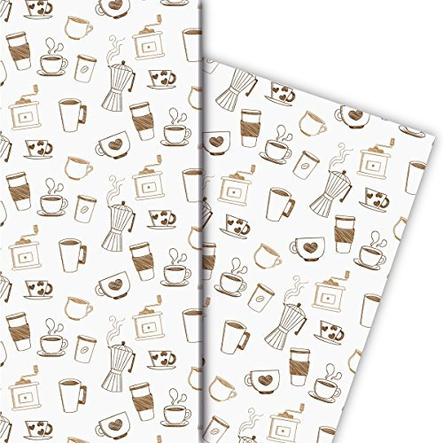 Kartenkaufrausch Kaffee Pausen Geschenkpapier Set mit Tassen und Kaffeemühlen, weiß, für tolle Geschenk Verpackung, Designpapier, scrapbooking, 4 Bogen, 32 x 48cm