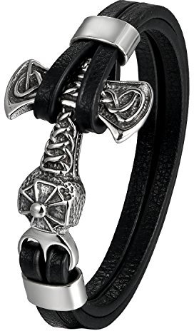 OIDEA Herren Armband Schwarz aus Leder Thors Hammer: Wikinger Lederarmband Biker Handgelenk echt Leder Herrenarmband Viking Armreif Geschenk für Männer Junge Vater Freund