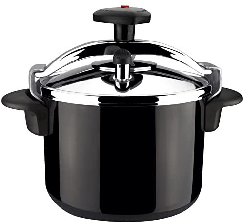 Magefesa Castell - Olla Express Tradicional Negra de 6 L, Acero Inoxidable 18/10, Todas las Cocinas, Inducción Total, Cocina Sana, Pomo Rotatorio