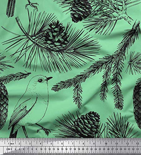 Soimoi Grun Baumwolle Batist Stoff Tannenzapfen, Vogel & Fichte Blatter Drucken Nahen Stoff 1 Meter 42 Zoll breit