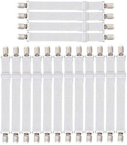 16 Stück Verstellbare Bettlakenspanner, Betttuchspanner verstellbar Elastische Bettlakenspanner Lakenspanner mit Metallclips matratzenspanner für Bettlaken, Matratze(16pcs-White)