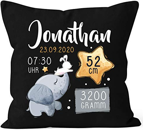 SpecialMe® personalisierbarer Kissen-Bezug zur Geburt Elefant Hase Stern Geburtskissen Geschenk Geburt Baby schwarz 40cm x 40cm