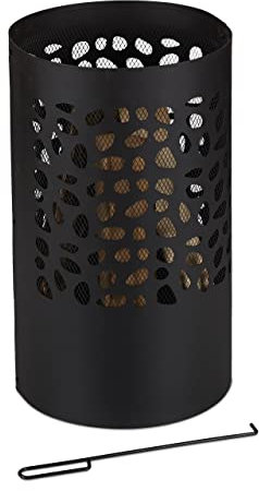 Relaxdays Feuertonne mit Funkenschutz, mit Schürhaken & Feuerrost, Outdoor Feuerkorb, HxD: 60 x 37 cm, Stahl, schwarz