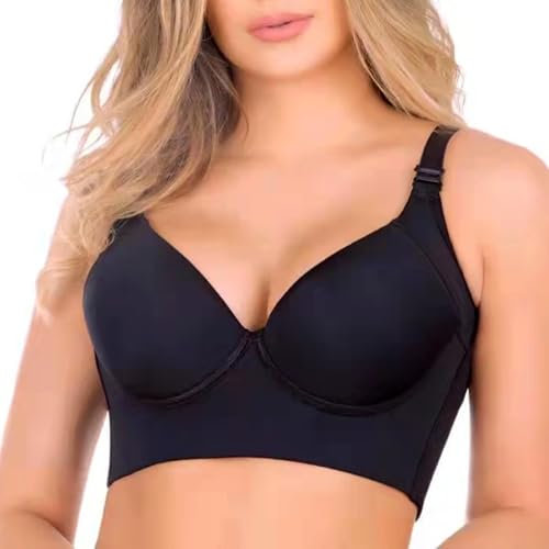 rosyclo Full Back Coverage Bras for Women, Fashion Deep Cup Hide Back Fat Bra with Shapewear Incorporated Push Up Sports Bras, Black, 42D