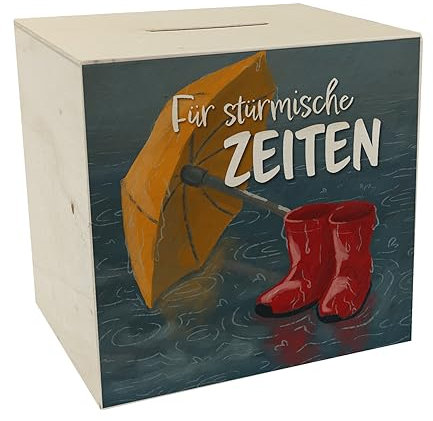 Für stürmische Zeiten Spardose aus Holz mit Regen Motiv praktisches Sparschwein als Gemeinschaftskasse für Notgroschen in schweren Situationen für Freunde und Familie