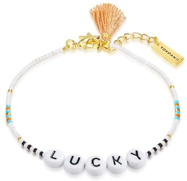 Yokoamii Damen Armband Edelstahl gelbvergoldet 14 Karat Miyuki Perlen weiß schwarz orange Lucky Perlenarmband