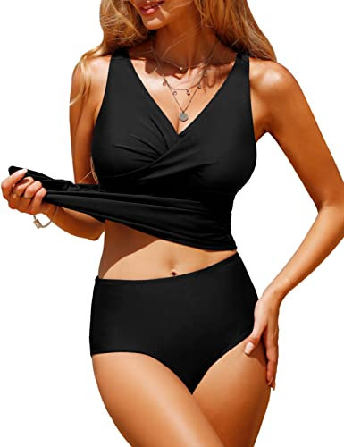 UMIPUBO Tankini Maillot de Bain Femme 2 Pieces,Maillot de Bain Gainant Ventre Plat avec Short,Sexy Col en V Tankini Grande Taille(Noir,M)