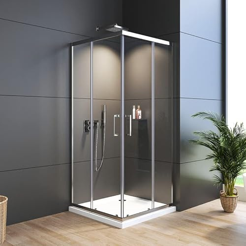 WDWRITTI Duschkabine 90x90x185cm, Doppel Schiebetür Echtglas Duschtür aus 6mm Nano Glas, Eckeinstieg Duschabtrennung Doppel Schiebetür Duschwand
