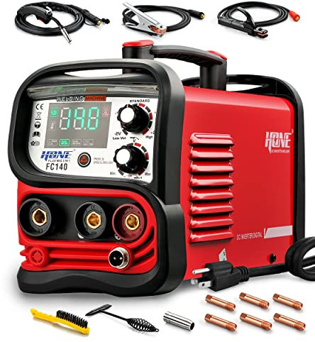 HONE Saldatore MIG da 110 V, effettivo 140 Amp, saldatore a bastone/saldatore TIG 3 in 1, saldatrice sinergica intelligente IGBT, grande display a LED, saldatrice a filo senza gas con pistola di