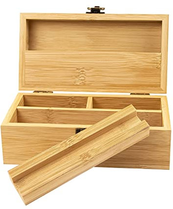 Stash Box Premium Bambus Stoner Rollbox Holzbox Holzkiste Aufbewahrung für Weed/Gras feinste Rolling Kräuter geruchsdicht verschließbar mit Fächern - 19x7,7x10 cm