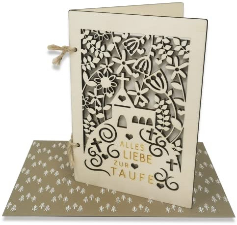 Woodland Mail Holz Karte zur Taufe mit Einlegekarte und Umschlag aus Kraftpapier - Taufkarte für Mädchen und Jungen (Kirche)