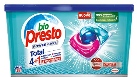 Bio Presto Power Caps Igiene & Freschezza, Detersivo Lavatrice Predosato In Capsule, Rimuove sporco e batteri, Confezione Da 18 Lavaggi