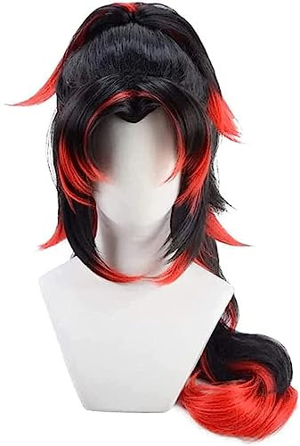 NEZIH Anime Cosplay Perücke for Kokushibo Schwarz Rot Lange Pferdeschwanz Zöpfe Perücke Mit Gratis Perückenkappe for Halloween Kostüm Party Anime Show Cosplay Event, Dekorative Accessoires