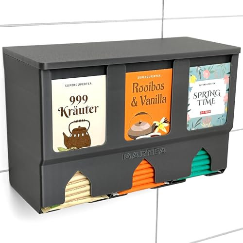 MARTEA Teeregal Wand Teebeutelspender hängend Tee Aufbewahrung schwarz/weiß/grau Küchen Organizer (grau, Kunststoffdeckel)
