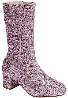 ABSOLEX Stivale da ragazza con strass punta tonda al ginocchio alto tacco basso, Rosa, 18 EU