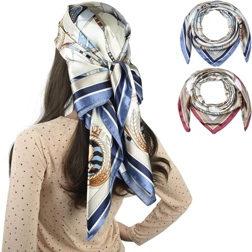 corciova 35 x 35 Large Square Hair Scarf for Women Silk Like Curly Headband Tie Sleeping at Night Fashion Bandana Headscarf, Sailing Boat ( Red + Blue ), 2 Pcs