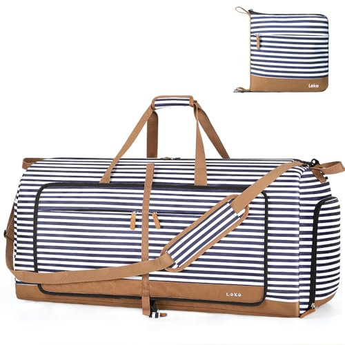 Lekesky Reisetasche Damen 150L Faltbare Reisetasche Weekender Sporttasche mit Schuhfach, wasserdichte Handgepäck Tasche/Sporttasche/Krankenhaustasche (Blau Gestreift)
