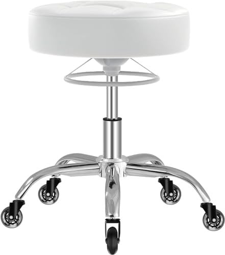 OUTMASTER Rollhocker,Hocker höhenverstellbar mit ringheber,Dicker Schaumstoff für weichen Komfort,Stuhl mit Rollen 360°,Arbeitshocker bis 180 kg belastbar, Drehhocker für Salon Spa und Haushalt(Weiß)