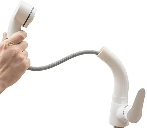 LUNICASHA Grifo de cocina extensible, grifo con ducha, grifo para fregadero de cocina, giratorio 360°, grifo mezclador de arco alto, dos modos de pulverización de agua, color blanco