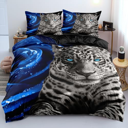 DXHOME Leoparden Bettwäsche 135x200 4teilig Leopard Bettwäsche 3D Blau floral Muster Weiche Mikrofaser Bettbezug Jugendliche Teenager Bettbezüge mit Reißverschluss und 2 Kissenbezügen 80×80 cm