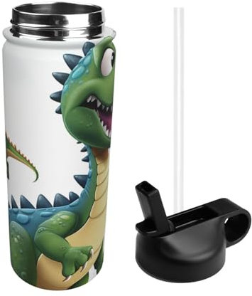 GFLFMXZW Bouteille d'eau isotherme avec couvercle à paille - En acier inoxydable - Images de dinosaures - Bouteille d'eau de sport isotherme sous vide pour le sport - Réutilisable - Cantine en métal