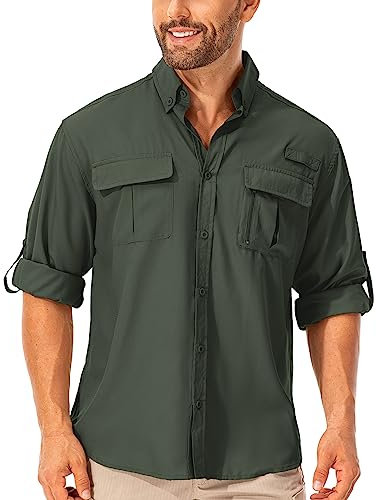 mosingle Men's Hiking Walking Shirt Sun UV Protection Safari Fishing Outdoor Shirt Quick Drying Lightweight Long Sleeve Travel Shirts #5053-Army Green-L