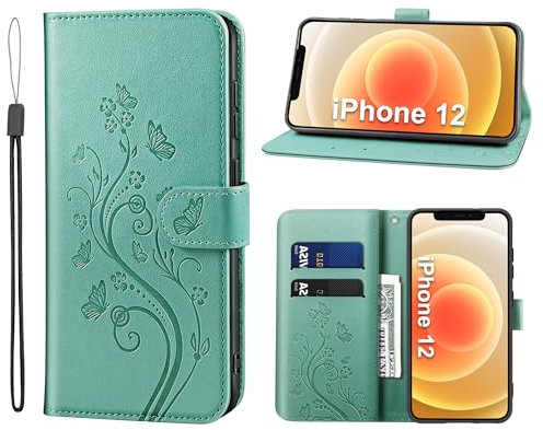 KRAFTCARE Handyhülle für iPhone 12 Hülle, für iPhone 12 Pro Hülle mit Kartenfach Geld Slot Ständer Magnetic Closure, Flip Case Leder Schutzhülle Tasche Handyhülle für iPhone 12/12Pro Hülle, Grün