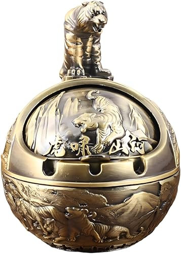 Stylitzy Vintage Aschenbecher mit Deckel für Zigaretten, Metall, winddicht, rauchfrei, geruchsneutral, für drinnen und draußen, dekorativ, handgeschnitzt, ausgefallenes Geschenk, Ornament für