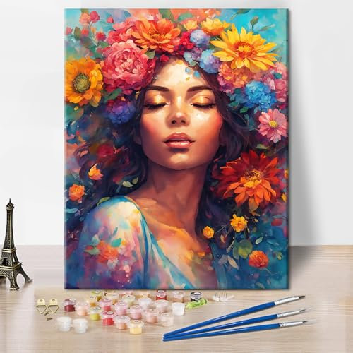 TISHIRON Malen nach Zahlen-Set für Erwachsene, Portrait einer schönen Frau, Malen nach Zahlen für Erwachsene, Kinder, Blumen, Erwachsene, Malen nach Zahlen, Kits auf Leinwand, Ölgemälde, Kunsthandwerk