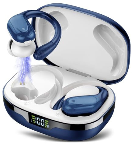 Auriculares Inalambricos, Auriculares Bluetooth 5.3 Deportivos con Gancho de la Oreja, 60H de Reproducción, Pantalla LED, Llamada ENC HD, Profundamente Bajo, IPX7 Impermeable(Azul Oscuro).