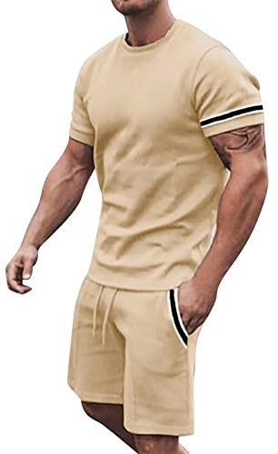 Herren 3D Kurzarm Shorts Beach Tropical Body Sport Shorts Sportanzug Herren Komplett Set Sportanzug 2-teilig Frühling Sommer Leichte Unisex Jogging Set Freizeitanzug Zweiteiler Herren (Khaki, M)