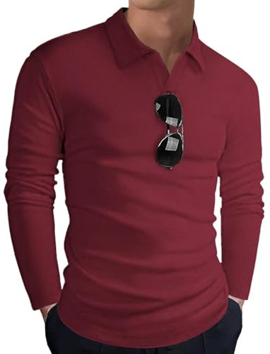 HMIYA Poloshirt Herren Langarm Baumwolle Langarmshirt Sweatshirt V-Ausschnitt Casual T-Shirts (Rot,L)