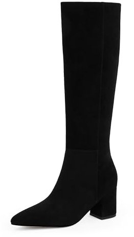 Easyfox Stivali alti al ginocchio da donna con tacco grosso a punta stivali lunghi con cerniera laterale, Camoscio nero, 39 EU