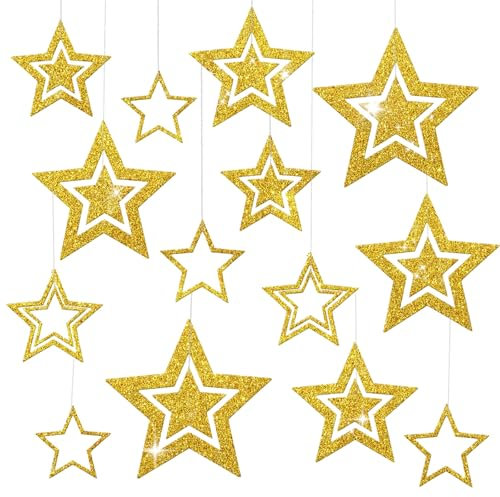 14pz Stelle da Appendere Oro Decorazione Natalizia Ciondoli Stelle Luccicanti Ghirlanda Stelle Scintillanti Decorazione Albero di Natale Porta Finestra (Oro)