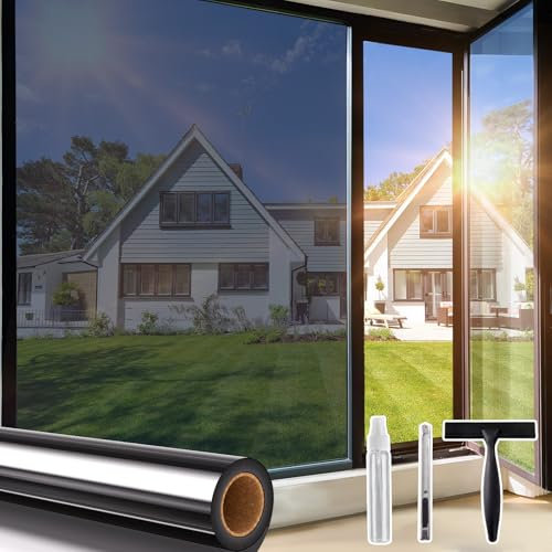 Beautysaid Window Film Privacy One Way Clear, Mirror Heat Reflective Window Security Tint Film Home, Anti Glare UV Sun Blocker Glass Door Covers, Static Cling See Out Not In (75x200cm, Black)