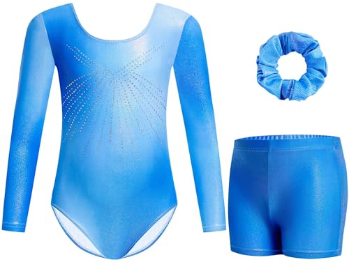 Gogokids, Conjunto de gimnasia para niña de tres piezas, body sin mangas, pantalones cortos y cinta para el cabello, traje de danza clásica brillante, con diseño de colores degradados, de 3 a 12 años