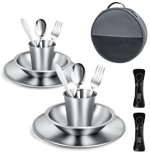 Cubiertos Camping para 2 Personas – Vajilla de acero inoxidable. Incluye platos, cuencos, vasos, tenedores, cuchillos y cucharas. Juego de Cubiertos para llevar. Ideal picnic, acampada, autocaravana.