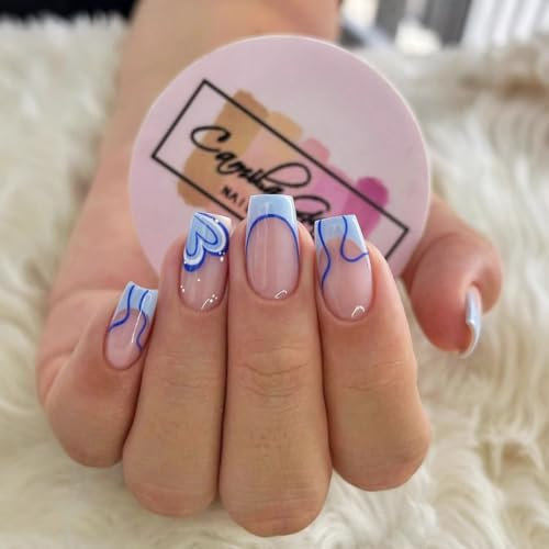 Blue French Tip False Nails, Medium Long Ballerina Press on Nails with Glue 24pcs Heart Design Fake Nails Long Lasting Gift for Women Girls (Blue, 24 g (Pack of 1))