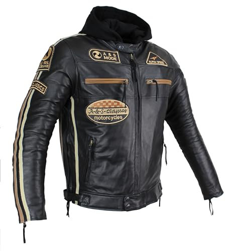 Herren Motorradjacke Lederjacke Biker Jacke mit Protektoren Leder Jacke mit Kapuze Leather Jacket Fashion Jacket Custom (DE/NL/SE/PL, Alphanumerisch, XL, Regular, Regular, Braun/Besch Streifen)