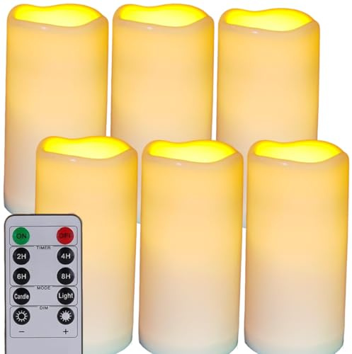 HjingChen 6 Stück Wasserdichte flammenlose Plastikkerzen im Freien mit Fernbedienung und Timer, LED flackernde batteriebetriebene elektrische Säulenkerzen für Camping, Hochzeiten